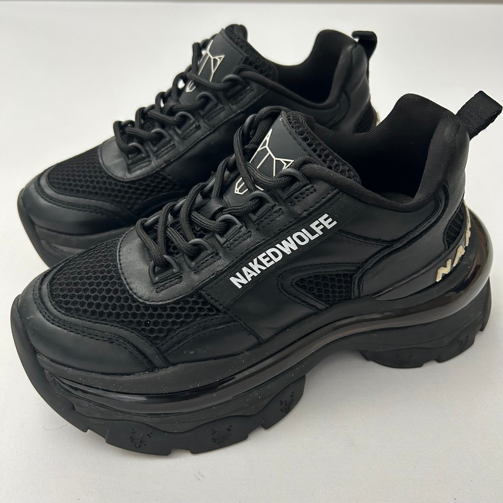 Naked Wolfe Shoes Womens 6 Black Leather Fierce Sneakers Mesh Chunky Platform